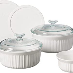 CorningWare French White 7-Pc Ceramic Bakeware Set with Lids, Chip and Crack Resistant Stoneware Baking Dish, Microwave, Dishwasher, Oven, Freezer and Fridge Safe