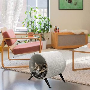Cat Craft Tunnel Bed with Wooden Legs | Elevated Cat Tunnel Features Plush Bed Inside for Privacy | Ideal for Modern & Smaller Spaces, Contemporary