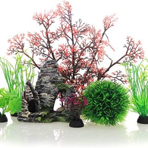 JIH Aquarium Fish Tank Plastic Plants and Cave Rock Decorations Decor Set 7 Pieces, Small and Large Artificial Plants (CU89Red-7)