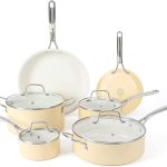 Martha Stewart Lockton Premium Nonstick PFA Free Ceramic Interior 10 Piece Enamel Heavy Gauge Aluminum Cookware Set - Butter Cream