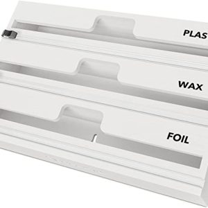 SpaceAid WrapNeat 3 in 1 Wrap Organizer with Cutter and Labels, Plastic Wrap, Aluminum Foil and Wax Bamboo Dispenser for Kitchen Storage Organization Holder for 12" Roll (White)